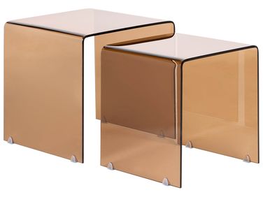 Set of 2 Side Tables KENDALL Tempered Glass Brown