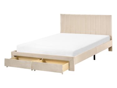 Bed with Storage Drawers Velvet LONZAC 140 x 200 cm (EU Double) Beige