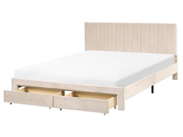 Bed with Storage Drawers Velvet LONZAC 160 x 200 cm (EU King Size) Beige