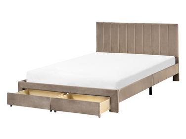 Bed with Storage Drawers Velvet LONZAC 140 x 200 cm (EU Double) Taupe