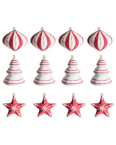 Set van 12 kerstornamenten GIDEALVEN Papier-mâché Rood/wit