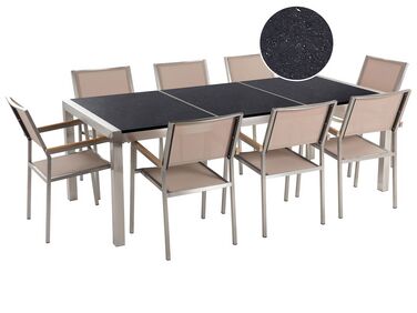 Salle à manger de jardin 8 places GROSSETO Triple plaque Granit Poli Noir/beige