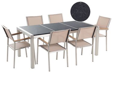 Salle à manger de jardin 6 places GROSSETO Triple plaque Granit Poli Noir/beige