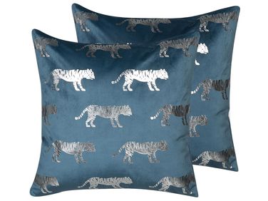 Set of 2 Decorative Cushions BLUEBELL Velvet 45 x 45 cm Blue Animal Pattern