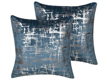 Set of 2 Decorative Cushions GARDENIA Velvet 45 x 45 cm Blue Abstract Pattern