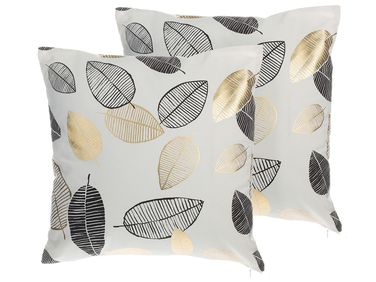 Set van 2 sierkussens LOTUS Katoen 45 x 45 cm Wit Goud Zwart bladpatroon