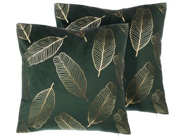Set van 2 sierkussens FREESIA Fluweel 45 x 45 cm Donkergroen bladpatroon