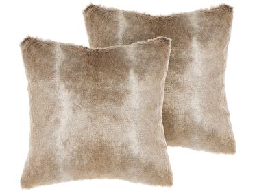 Set of 2 Decorative Cushions HORDEUM Faux Fur 45 x 45 cm Light Brown Solid
