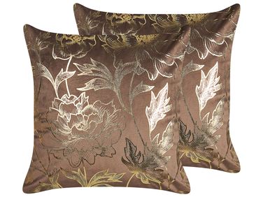 Set of 2 Decorative Cushions DAFFODIL Velvet 45 x 45 cm Brown Floral Pattern