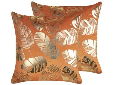 Set van 2 sierkussens SUNFLOWER Fluweel 45 x 45 cm Oranje bladpatroon