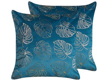 Set van 2 sierkussens DELICIOSA Fluweel 45 x 45 cm Blauw bladpatroon