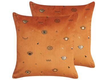 Set of 2 Decorative Cushions AEONIUM Velvet 45 x 45 cm Orange Abstract Pattern