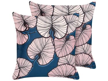 Set van 2 sierkussens CHRYSANTHEMUM Fluweel 45 x 45 cm Donkerblauw bladpatroon