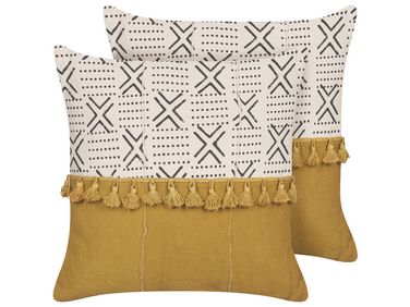 Set van 2 sierkussens WOODI Katoen 45 x 45 cm Geel Wit geometrisch patroon
