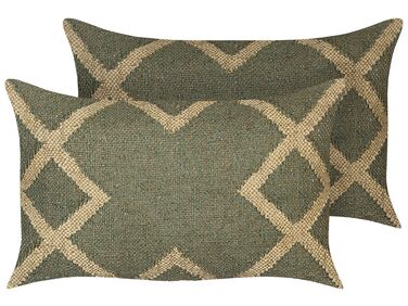 Set of 2 Decorative Cushions GOPI Jute 30 x 50 cm Green Oriental Pattern