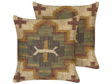 Set of 2 Decorative Cushions PULICAT Jute 45 x 45 cm Green Oriental Pattern