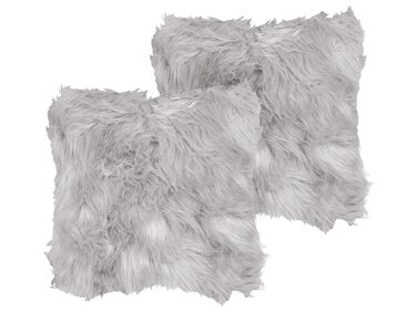 Set van 2 sierkussens LUBHA Nepbont 42 x 42 cm Lichtgrijs effen
