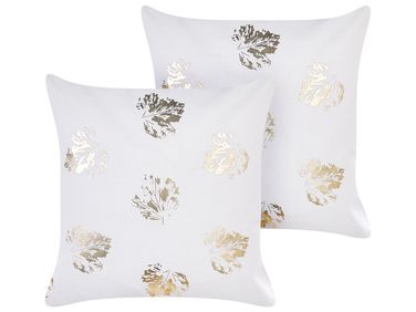 Set of 2 Decorative Cushions GOLDENROD Velvet 45 x 45 cm White Plant Pattern