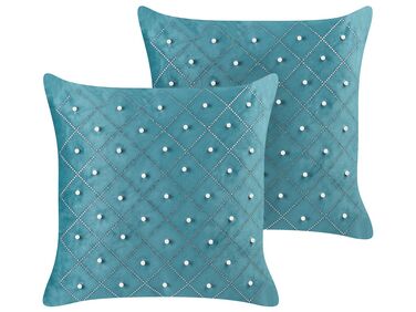 Set of 2 Decorative Cushions YARROW Velvet 45 x 45 cm Teal Geometric Pattern
