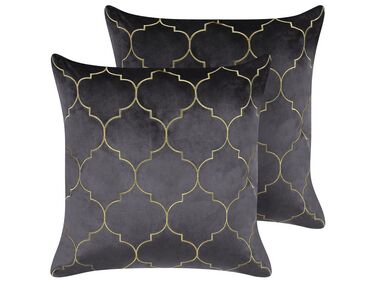 Set of 2 Decorative Cushions ALYSSUM Velvet 45 x 45 cm Grey Trellis Pattern