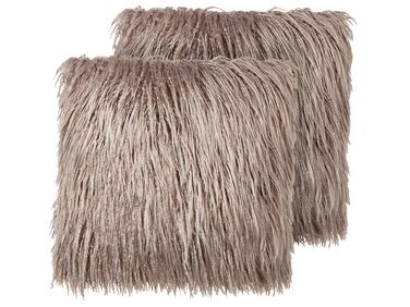 Set of 2 Decorative Cushions COROKIA Faux Fur 45 x 45 cm Beige Solid