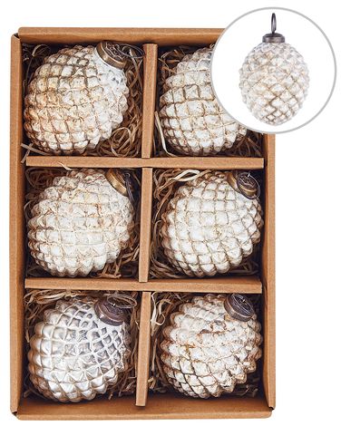 Set of 6 Baubles LAITON Glass Off-White
