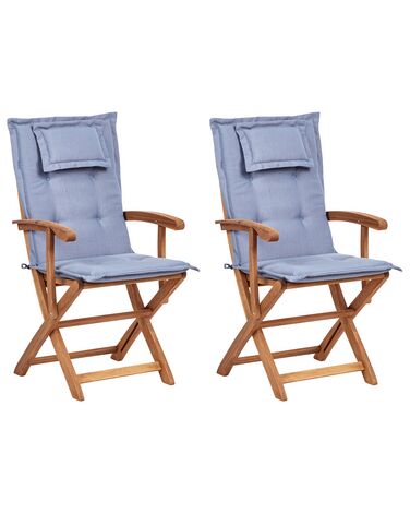 Set of 2 Garden Chairs with Cushions MAUI II Acacia Wood Blue