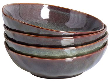 Set of 4 Deep Plates THYME Stoneware Dark Green
